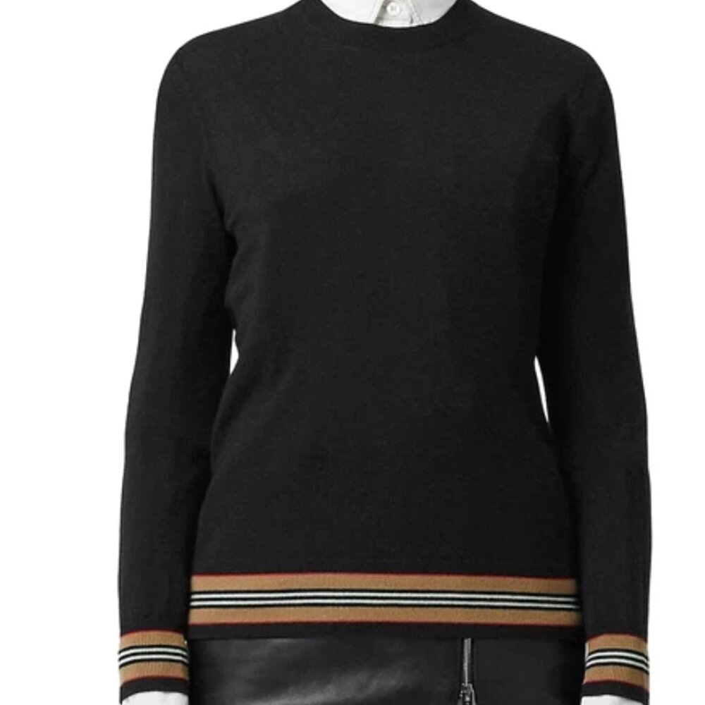 Burberry Women Icon Stripe Merino Wool Knit Crewneck Sweater Top Black Sz XS NWT